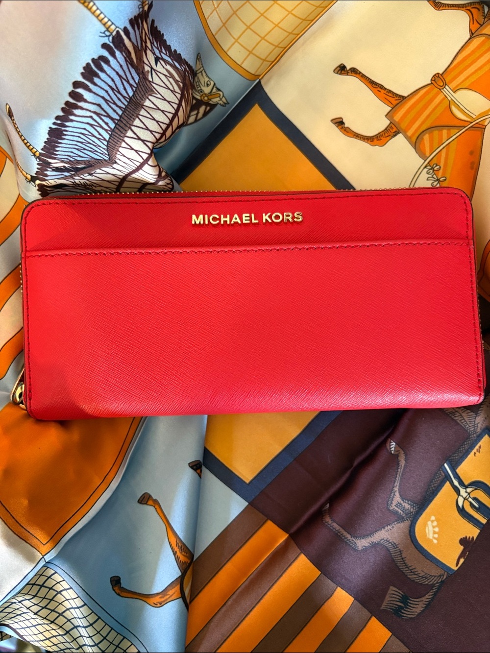 Michael Kors Bright Red Saffiano Zip Wallet with Gold Logo